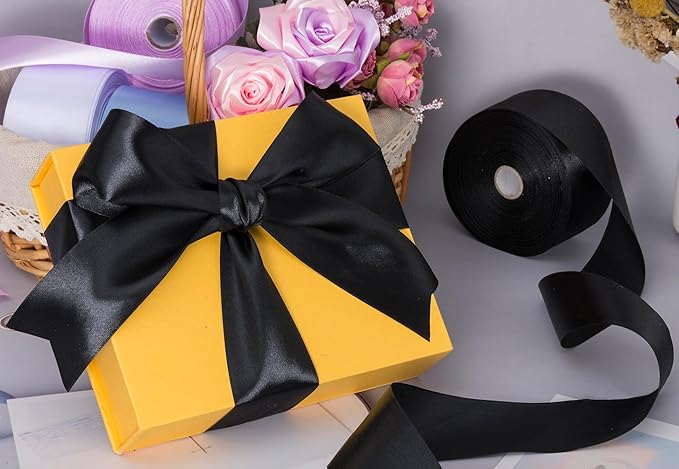 YASEO 2 Inch Black Solid Satin Ribbon, 50 Yards Craft Fabric Ribbon for Gift Wrapping Floral Bouquets Wedding Party Decoration