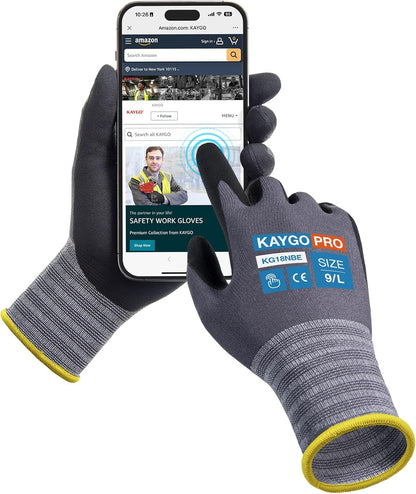 KAYGO Safety Work Gloves MicroFoam Nitrile Coated, 3 Pairs KG18NB,Seamless Knit Nylon Glove with full fingers Touchscreen, Ideal for Automotive,Warehouse,Construction (Gray, Large)