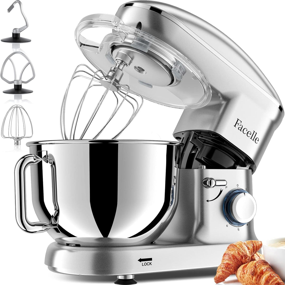 Facelle Stand Mixer, Electric Kitchen Mixer, 6 Speed Tilt-Head Stand Mixer with Pulse, Attachments include 6.5QT Bowl, Dishwasher Safe Beater