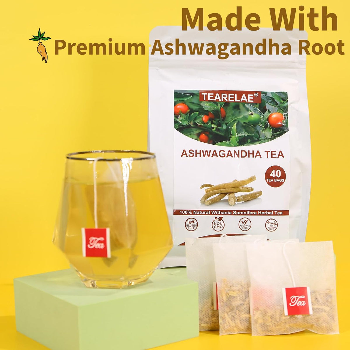 Tearelae - Ashwagandha Tea Bags - 2.5g x 40 Count - Sourced From India - Premium Natural Cut & Sifted Pure Indian Ginseng Root - Non-GMO