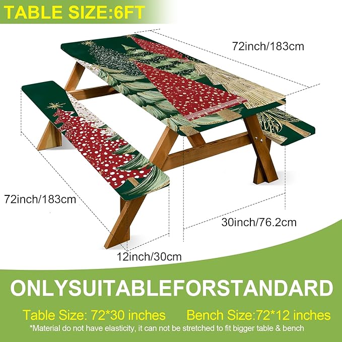 ANNA QUEEN 6FT Green Christmas Tree Picnic Table Cover Set 3PCS 72"x30", Waterproof Outdoor Bench and Tablecloth Furniture Protection for Camping Beach BBQ Patio Backyard