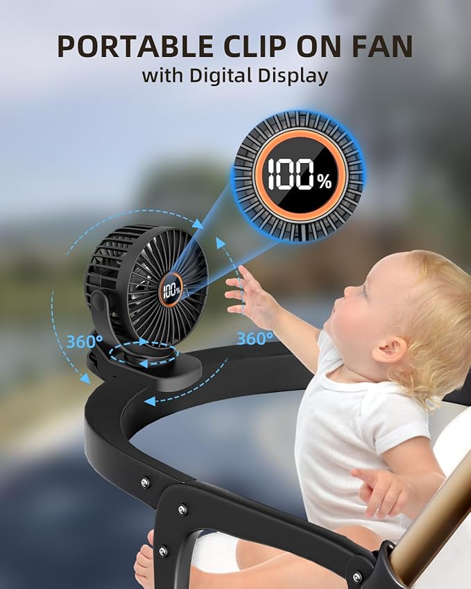 TUNISE Mini Clip on Fan, Battery Operated Desk Fan, Digital display，3 Speeds Adjustable, Bidirectional 360 ° Adjustable, Super Strong Wind, Portable Fan for Home Office Stroller Camping Black