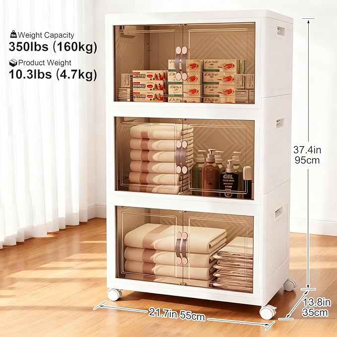 Collapsible Storage Bins with Lids&Wheels-192QT(48Gal) Stackable Plastic Containers with Doors,Heavy-Duty Foldable Organizer Bins for Home,Office,Books,White,3-Pack