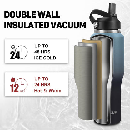 32oz Insulated Water Bottle Keep Cold 24h&Hot 12h, Double Wall Vacuum Insulated Water Bottles with Straw/Spout Lid