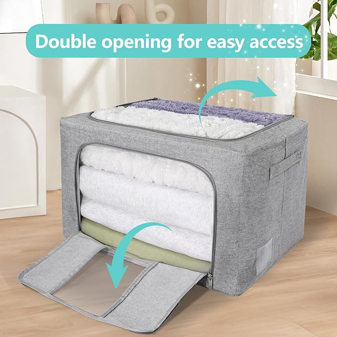 3 Pack Clothes Storage Bins, Foldable Metal Frame Storage Box with Lids,Stackable Linen Fabric Organizer Set with Carrying Handles,Zippers,and Clear Window (Grey, 66L)