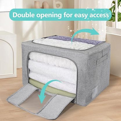 3 Pack Clothes Storage Bins, Foldable Metal Frame Storage Box with Lids,Stackable Linen Fabric Organizer Set with Carrying Handles,Zippers,and Clear Window (Grey, 66L)