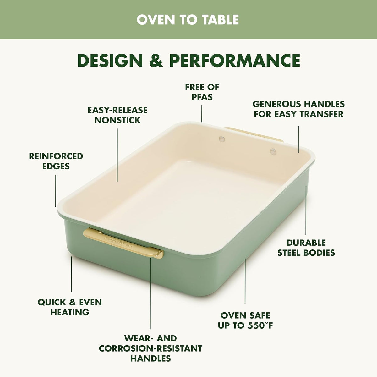 GreenPan Bakeware Rectangular Cake Pan, Ceramic Nonstick Baking Pan, PFAS & BPA Free, Gold Handles, Durable Steel, Freezer to Oven Dish, Scratch Resistant, Bake & Roast Ovenware, Sage Green