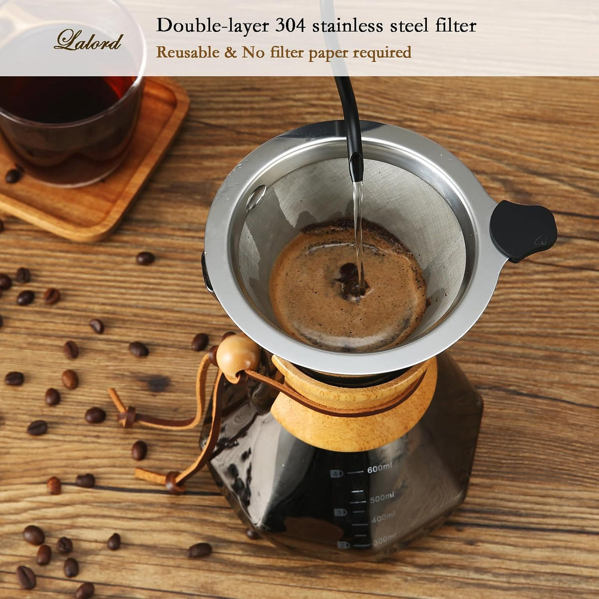 Pour Over Coffee Maker with Stainless Steel Filter, 20 oz Borosilicate Glass Coffee Carafe, Wooden Collar, Coffee Maker Carafe, Hold 3-4 Cups, 600 ml, Gray