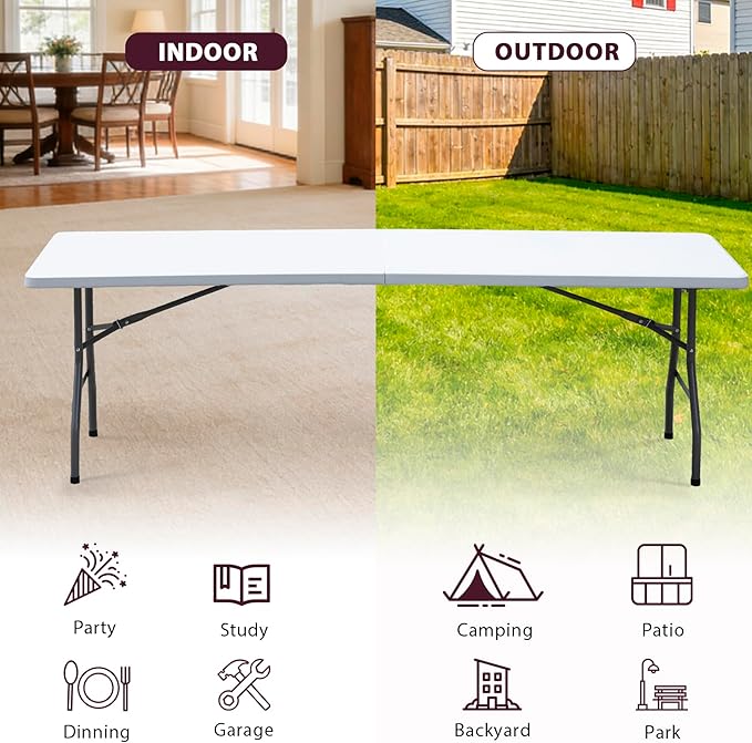 SUPER DEAL 8FT Folding Picnic Table for Indoor Outdoor, Portable Fold-in-Half Plastic Dining Camping Party Table with Carrying Handle