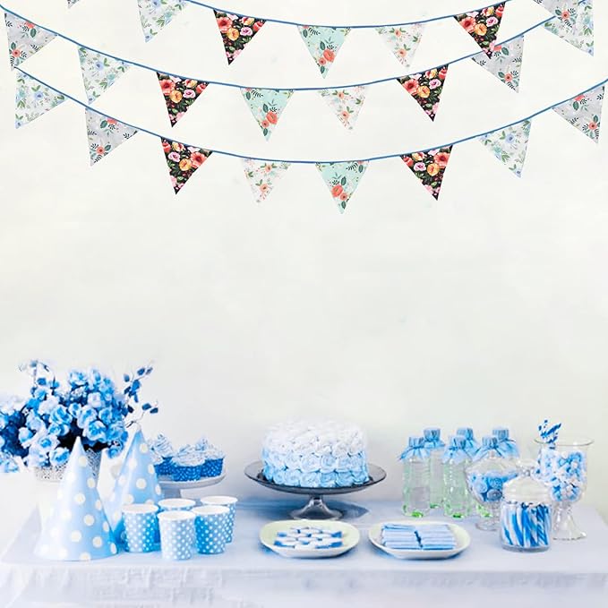 Zwiebeco 32Ft Vintage Floral Fabric Bunting Triangle Flags Cotton Retro Flowers Pennant Banner Party Decorations for Birthday Wedding Engagement Baby Shower Spring Rustic Village Home Garden Decor