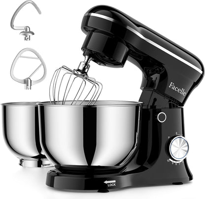 Facelle Tilt-Head Stand Mixer, 5QT+6QT Stainless Steel Two Bowls, 10 Speeds Kitchen Electric Food Mixer with Egg Whisk, Dough Hook, Beater, Dishwasher-Safe Attachment, Ideal Gift for Mom