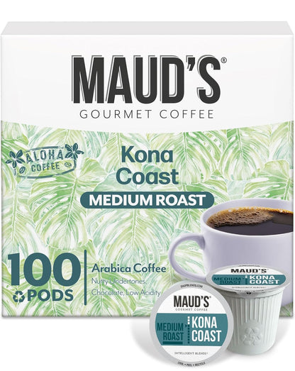 Maud's Kona Coffee Pods, 18 ct, Medium Roast Coffee in Recyclable Single Serve Pods – 100% Arabica Coffee, Compatible with Keurig K Cups Maker