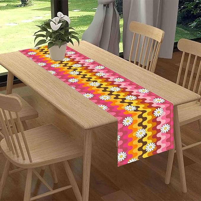70s Table Runner, Retro Groovy Hippie Daisy Floral Pink Yellow Wave Funky Trippy Coffee Table Center Decor for Home Kitchen Dining Patio Holiday Party Indoor Outdoor Table Decorations, 13"x36" Inch