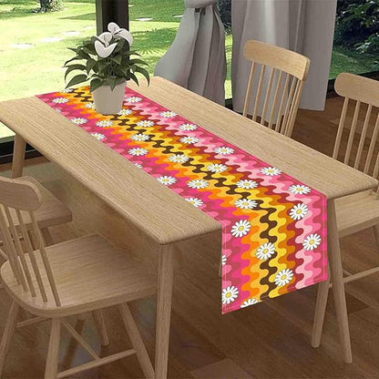 70s Table Runner, Retro Groovy Hippie Daisy Floral Pink Yellow Wave Funky Trippy Coffee Table Center Decor for Home Kitchen Dining Patio Holiday Party Indoor Outdoor Table Decorations, 13"x36" Inch
