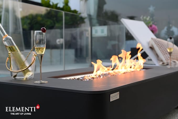 Elementi+ | Valencia Gas Fire Pit | Cast Concrete Body & Marble Porcelain Top | 62" Rectangular Fire Table | Electronic Ignition | Canvas Cover, Fire Glass & Burner Lid Included | Black | Natural Gas