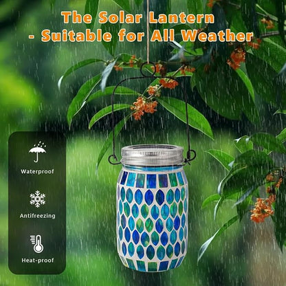 Starsoul 2 Pack Solar Lanterns Outdoor Waterproof, Decorative Teal Mosaic Glass Outdoor Lantern, Hanging Solar Garden Lights for Outside Pathway Patio Porch Yard Table, Gifts for Women Mom Grandma
