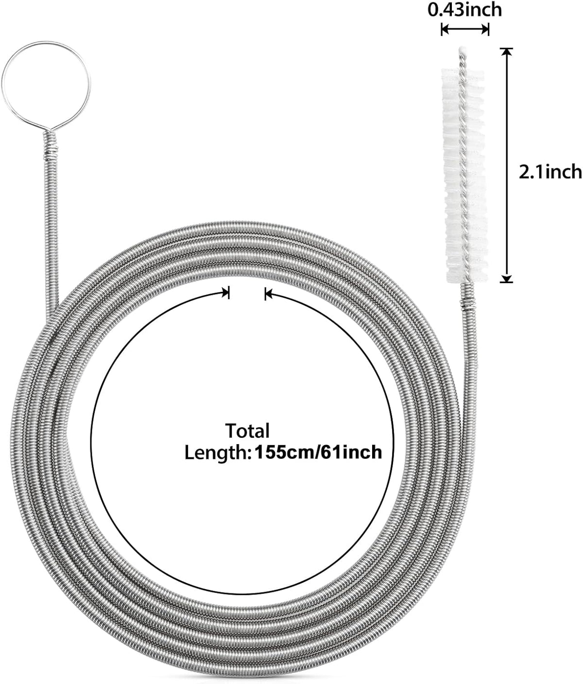 Extra-Thick Drain Brush with Stronger Spring 61-Inch Stainless Steel and Nylon Pipe Cleaner for Flexible, Curved & Slim Holes, Stronger Spring Version