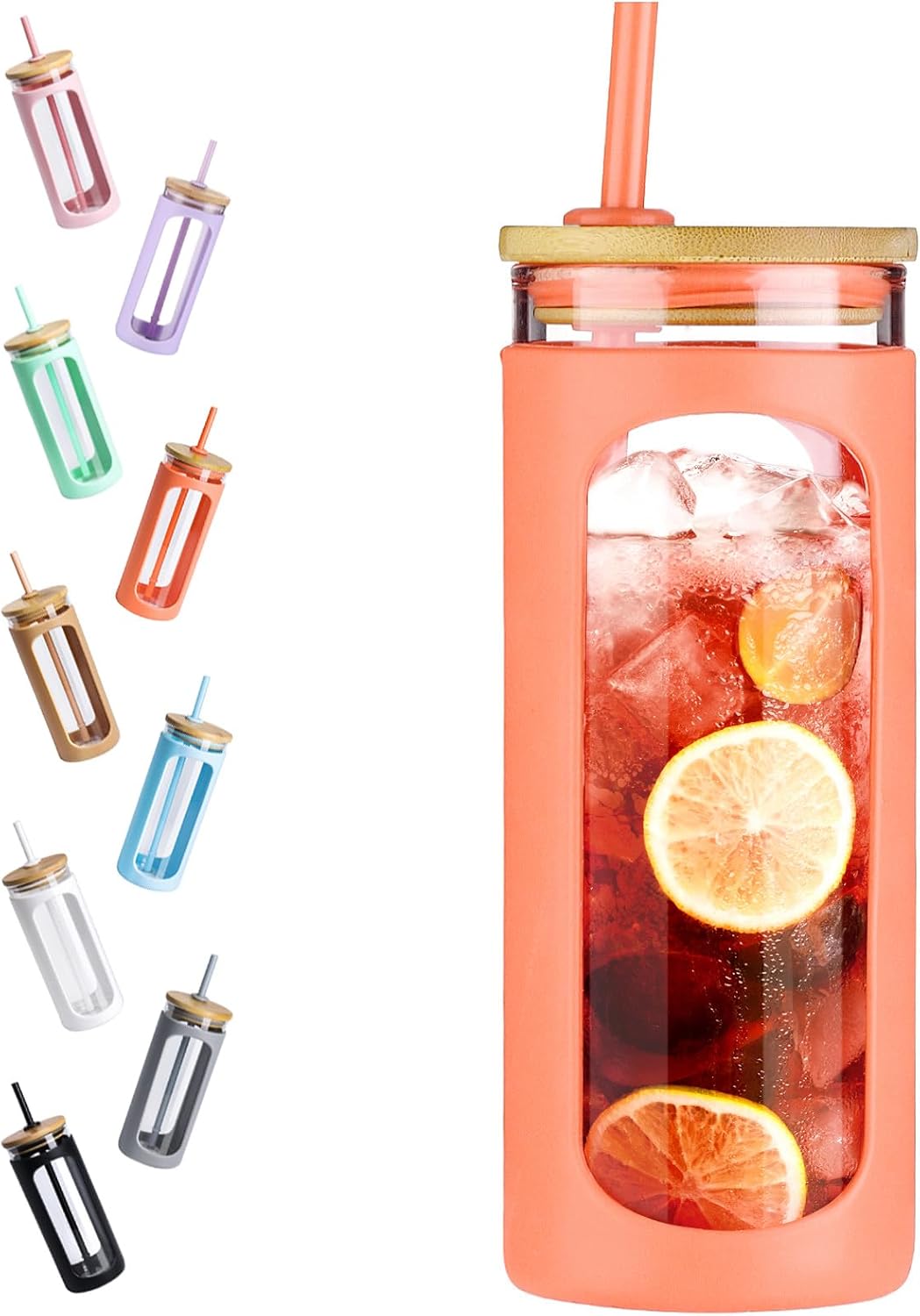 Kodrine 20oz Glass Water Tumbler with Straw and Lid, Bamboo Lids Water Bottle, Iced Coffee Cup Reusable, Wide Mouth Smoothie Cups with Protective Silicone Sleeve BPA FREE-Orange