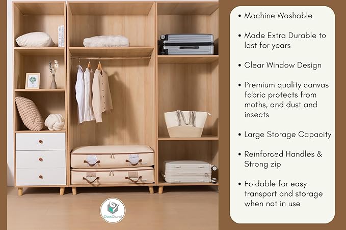 Chaos Cleared Canvas Storage Bags Designer Organizer for Underbed 2 Pack – Seasonal Storage for Sweaters, Blankets, Linens & Garments – Foldable Design with Zip & Window, Moth-Proof Space Saver