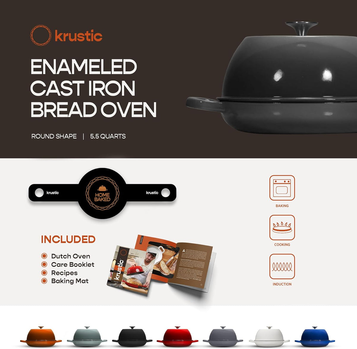 Enameled Cast Iron Dutch Oven for Sourdough Bread Baking | 6 Quart Pot with Lid | 10 Inch Ceramic Enamel Thick Coated Cookware Set with Non Stick Silicone Baking Mat for Cooking (Grey)