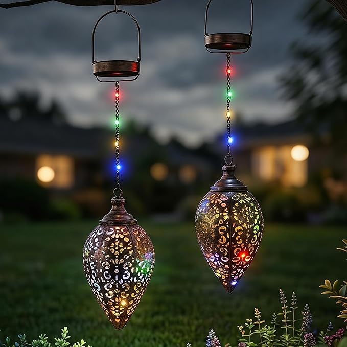 2 Pack Hanging Solar Lanterns, Colorful LED Outdoor Lights, Retro Metal Waterproof Lanterns for Garden Patio Yard Decor