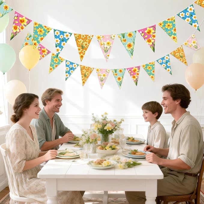 jijAcraft 4 Pack Spring Floral Bunting Banners - Pre-Strung Daffodil Flower Triangle Pennant Banner, Daffodil Spring Party Decorations for St David's Day March Birth Flower Spring Baby Shower Decor
