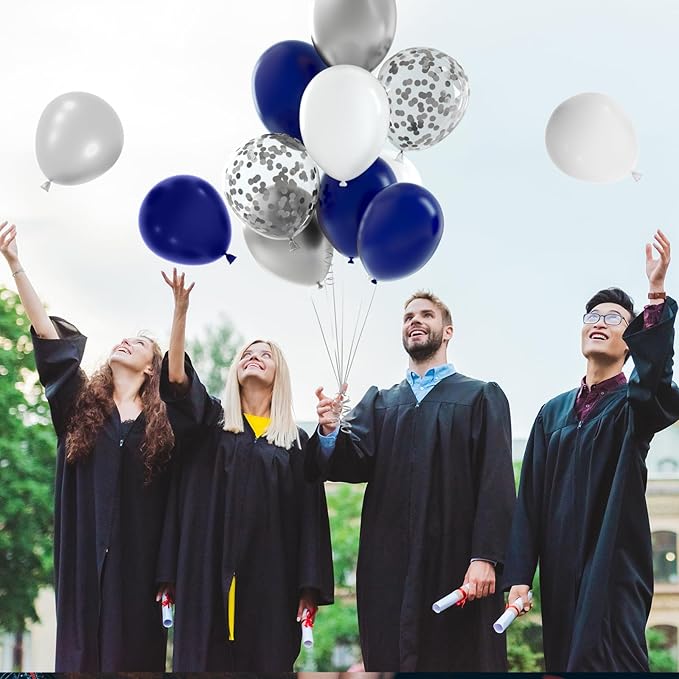 NACHLYNN 60 Packs Navy Blue Party Confetti Balloons 12 Inches Birthday Balloon for Baby Shower Birthday Blue and White Graduation Party Decorations