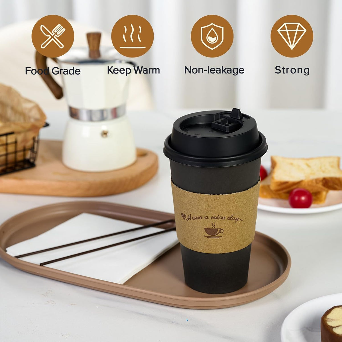 Litopak 500 Pack 16 oz Disposable Coffee Cup with Lids, Sleeves, and Stirring Sticks, Black Hot Paper Coffee Cups for Home, Travel, Office, Party