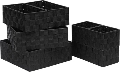 Storage Bins Woven Organizer Set of 7 – Polypropylene Storage Baskets with Metal Frame, Stackable Fabric Boxes for Drawers, Closet, Shelf, Nursery and Office, Black