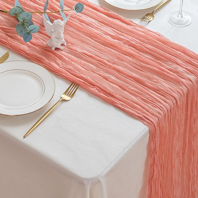 Sioloc Peach Coral Cheesecloth Table Runner 120'' x 35'',Spring Easter Decor Soft Gauze Boho Wedding Table Decor for 10ft Table Birthday Party,Baby Shower, Bridal Shower, Home & Event Decor