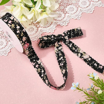 10 Yards 1.5 Inch Spring Summer Flower Floral Printed Ribbons Bloom Black Wavy Edge Trim Scalloped Print Chiffon Trims Polyester Fabric Grosgrain Ribbon for Sewing Making Crafts DIY Wedding