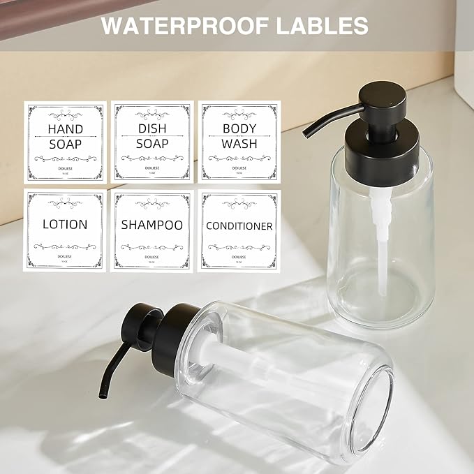 Soap Dispenser, Clear Glass Soap Dispenser with Rust Proof Pump, 16oz Liquid Soap Pump with Waterproof Labels, Dish & Hand Soap for Bathroom, Kitchen, Matte Black, Pack of 2
