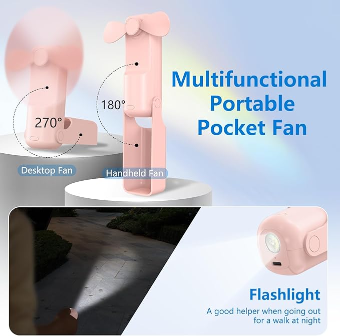 3 PCS Portable Mini Handheld Fans, 3 In 1 Foldable Small Pocket Fan Desk Personal Fan with Flashlight 3 Speeds, USB Rechargeable Battery Operated, Gift for Women Men Kids Office Outdoor Travel Camping