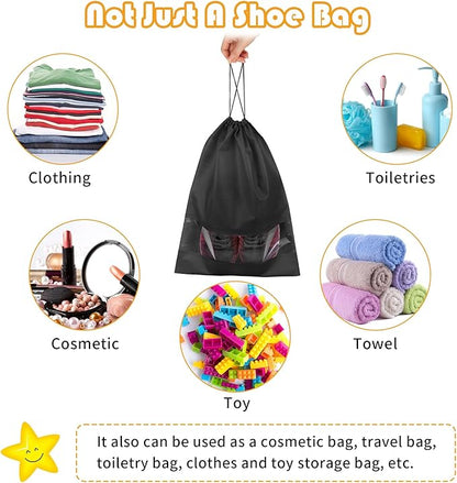 Large Black Travel Shoe Bags - 10 Pcs with Clear Window, Non-Woven Drawstring, 12.6" X 17.3" for Men Women