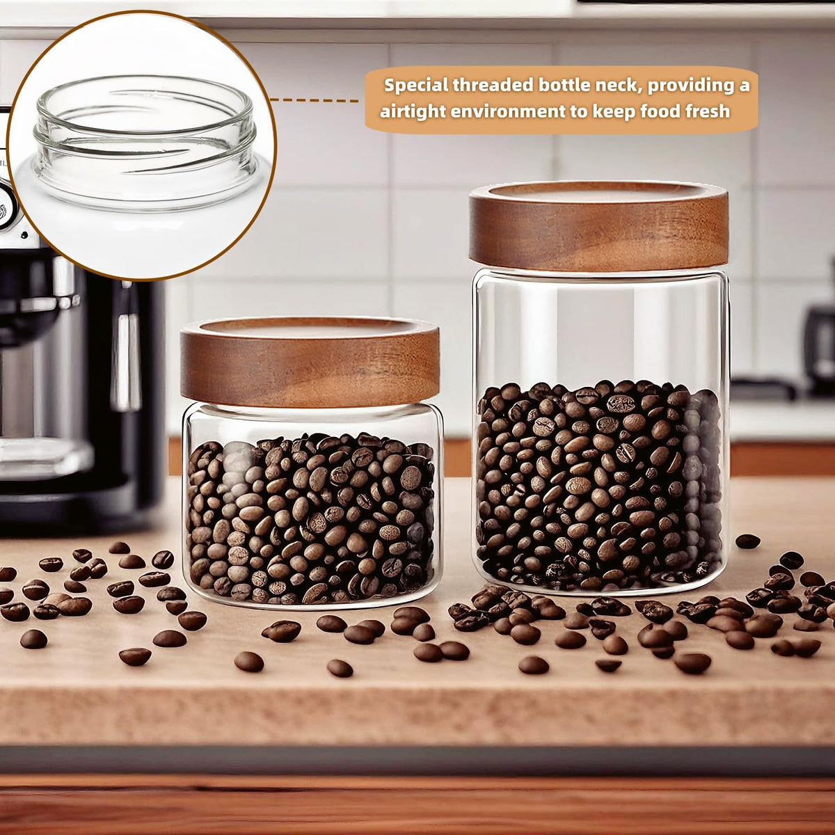 Set of 2 Glass Food Storage Jars, Premium Clear Glass Container Jar with Airtight Wooden Screw Lid, Kitchen Canisters for Coffee,Tea,Pasta,Cookies