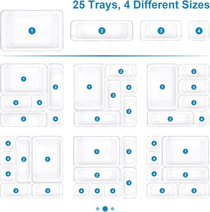 Clear Drawer Organiser Set Desk Drawer Dividers Makeup Organiser Divider Tray Utensil Cutlery Set Dressing Table Organisers for Bedroom Kitchen Bathromm Office Gadgets(25 Pack)