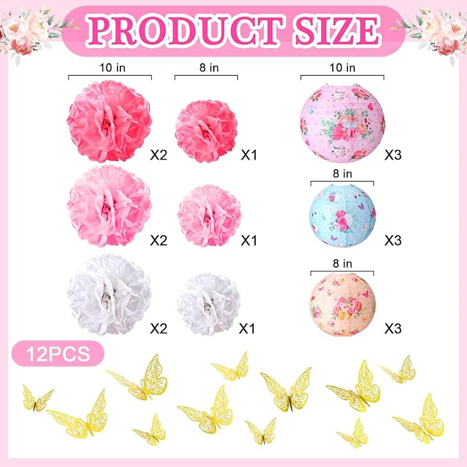 Rossesay 31 Pcs Tea Party Decorations Lanterns and Poms for Spring Fancy Party Decor 9 Flower Lantern 9 Tissue Bloom Poms 12 Butterfly Thread for Tea Garden Floral Birthday Wedding Bridal Shower