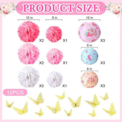 Rossesay 31 Pcs Tea Party Decorations Lanterns and Poms for Spring Fancy Party Decor 9 Flower Lantern 9 Tissue Bloom Poms 12 Butterfly Thread for Tea Garden Floral Birthday Wedding Bridal Shower