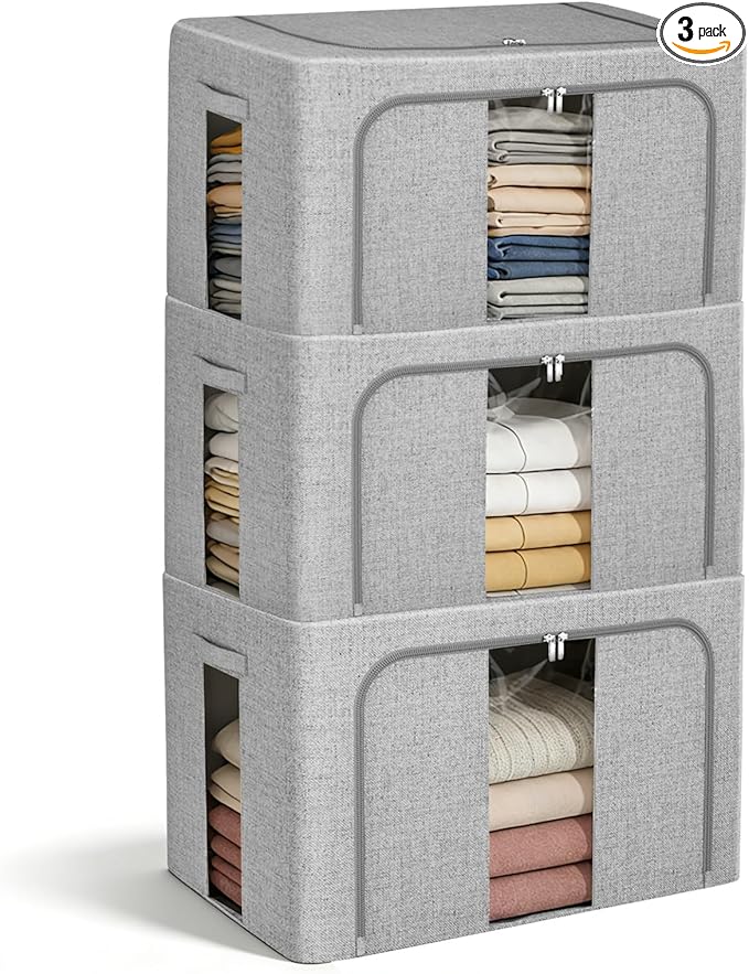 Amiya Clothes Storage Bins with Metal Frame,3-Pack Foldable Linen Fabric Storage Box with Lids, Stackable Organization and Storage Bins with Clear Window,Zippers,Handles(Grey,66L)