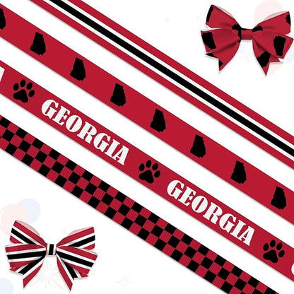 4 PCS Georgia Ribbons for Crafting, 3/8" Width Red Black Plaid Stripes Grosgrain Ribbons Map Paws Craft Ribbons for Gift Wrapping DIY Sports Birthday Decorations-10 Yards