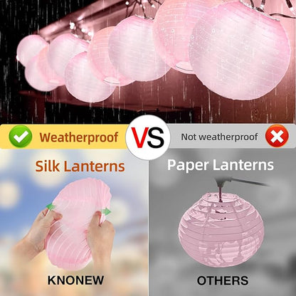 KNONEW 10 Pack 10'' Pink Outdoor Silk Lanterns Decorative Party Hanging Waterprooof Chinese Japanese Round Lanterns for Weddings, Birthdays, Parties Decoration (No Light Bulbs Included)