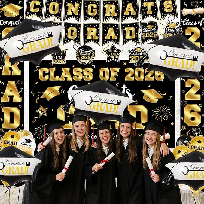 6pcs Graduation Cap Decorations Set, Congrats Grad Balloons, Graduation Cap, Hat Balloon, Grad Foil Balloons For College High School Party Decorations 2026