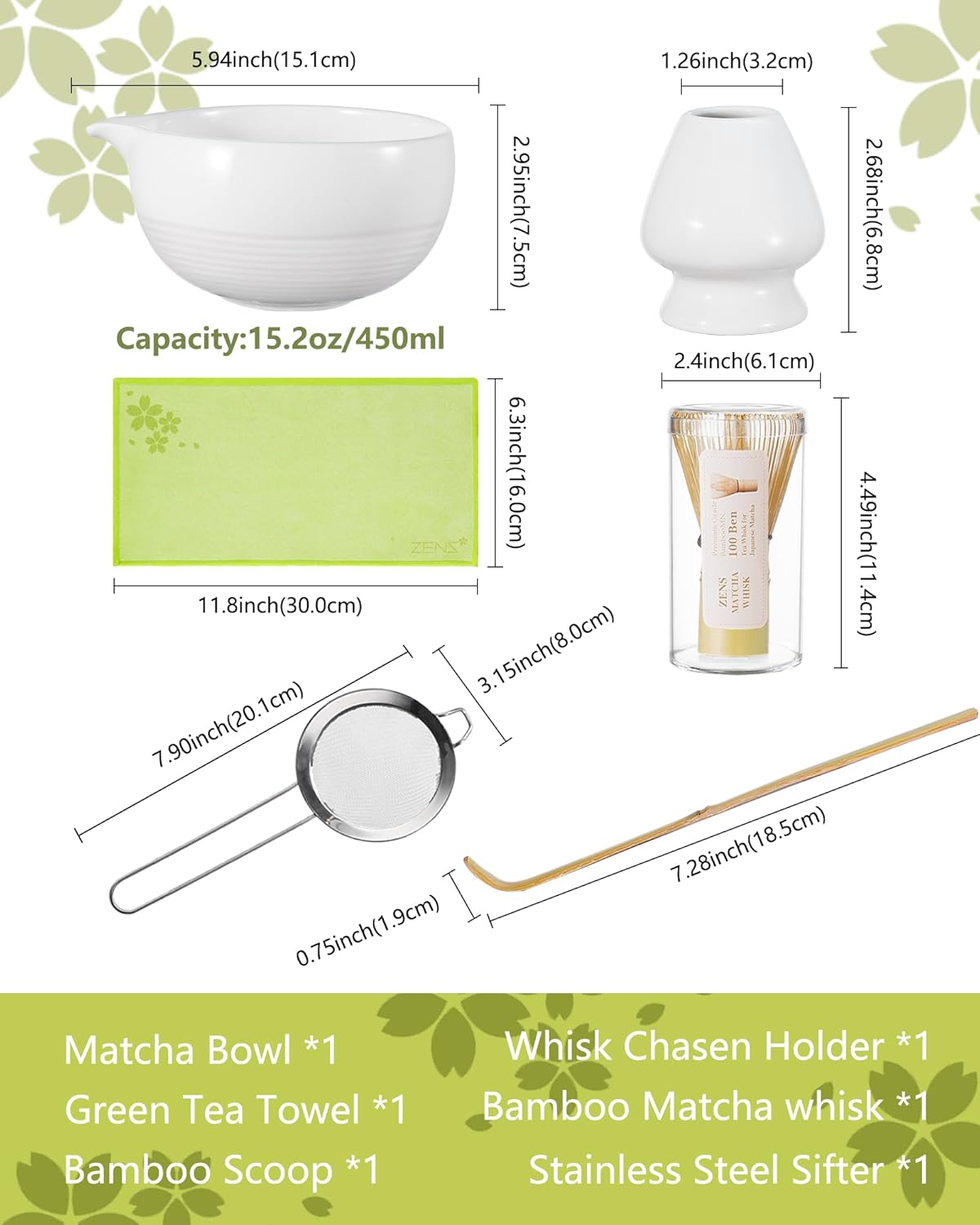 Zens Matcha Whisk Set, 6pcs Matcha Kit Set Includes Ceramic Bowl and Bamboo Whisk & (Chasen Holder), Sifter, Scoop -Tea Towel