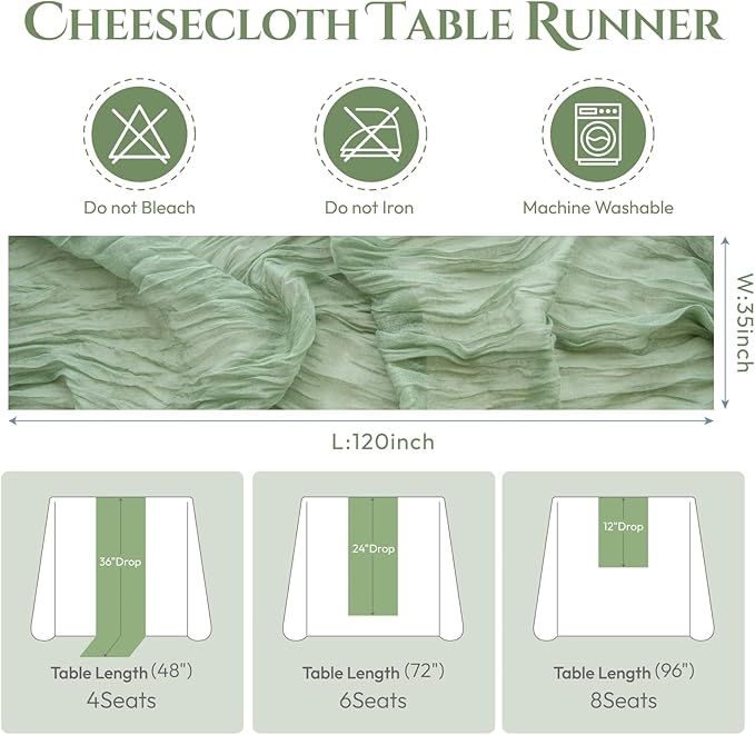 Sioloc 5 Pack Sage Green Cheesecloth Table Runner 120'' x 35'',Spring Easter Decor Soft Gauze Boho Wedding Table Decor for 10ft Table Birthday Party,Baby Shower, Bridal Shower, Home & Event Decor