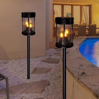 Outdoor Garden Solar Stake Lights Flickering Candle Lantern Lighting for Yard, Lawn, Patio, Pathway, Wall Decoration (2Pack, Black)