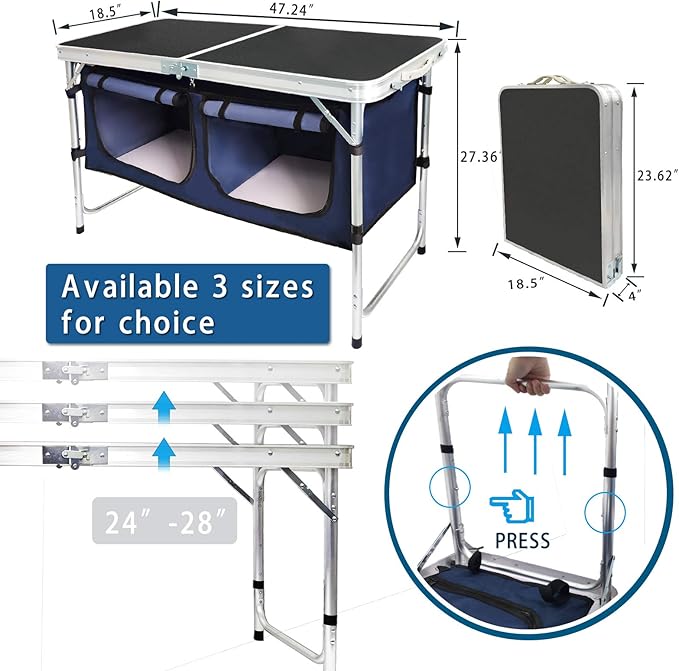 CampLand Outdoor Folding Table Aluminum Lightweight Height Adjustable with Storage Organizer for BBQ, Party, Camping