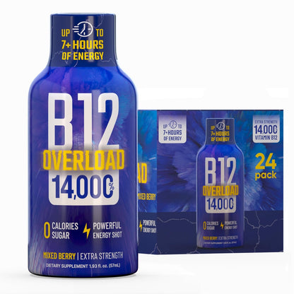 B12 Overload Extra Strength Energy Shot – Mixed Berry – 260mg Caffeine, 14000% B12, Electrolytes – Energy & Vitality Support