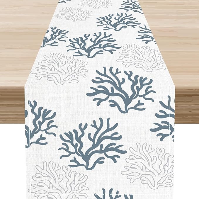 Coastal Table Runner, Summer Seasonal Beach Coral Nautical Tropical Ocean Marine Farmhouse Rustic Coffee Table Center Decor for Home Kitchen Dining Patio Indoor Outdoor Table Decoration, 13"x36" Inch