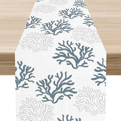 Coastal Table Runner, Summer Seasonal Beach Coral Nautical Tropical Ocean Marine Farmhouse Rustic Coffee Table Center Decor for Home Kitchen Dining Patio Indoor Outdoor Table Decoration, 13"x36" Inch