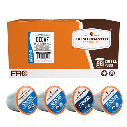 Fresh Roasted Coffee, Organic Variety Pack Water-Processed Decaf K-Cup Pods for Keurig Brewers, Medium Roast, USDA Organic, Kosher, 96 Count Loose Pack